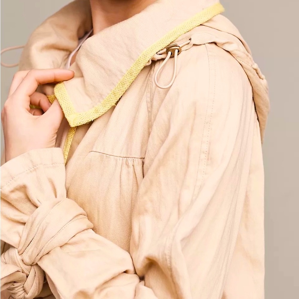 Anthro Hei Hei Khaki Tiered Swing Neon Yellow Mesh Accented Tie Cuff Trench Coat - Picture 5 of 16
